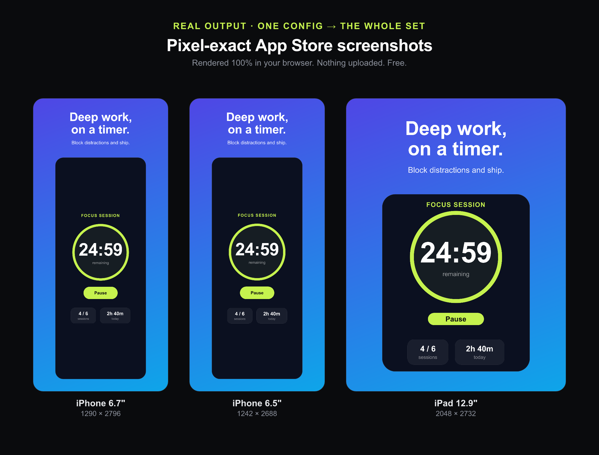 Three finished ShipShots outputs — iPhone 6.7", 6.5" and iPad 12.9" App Store screenshots generated from one config.
